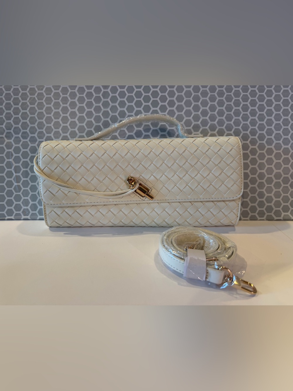 Woven Leather Clutch Bag with Strap - White new no tags